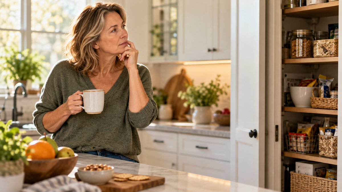 Woman sitting at home with food nearby while thinking about eating