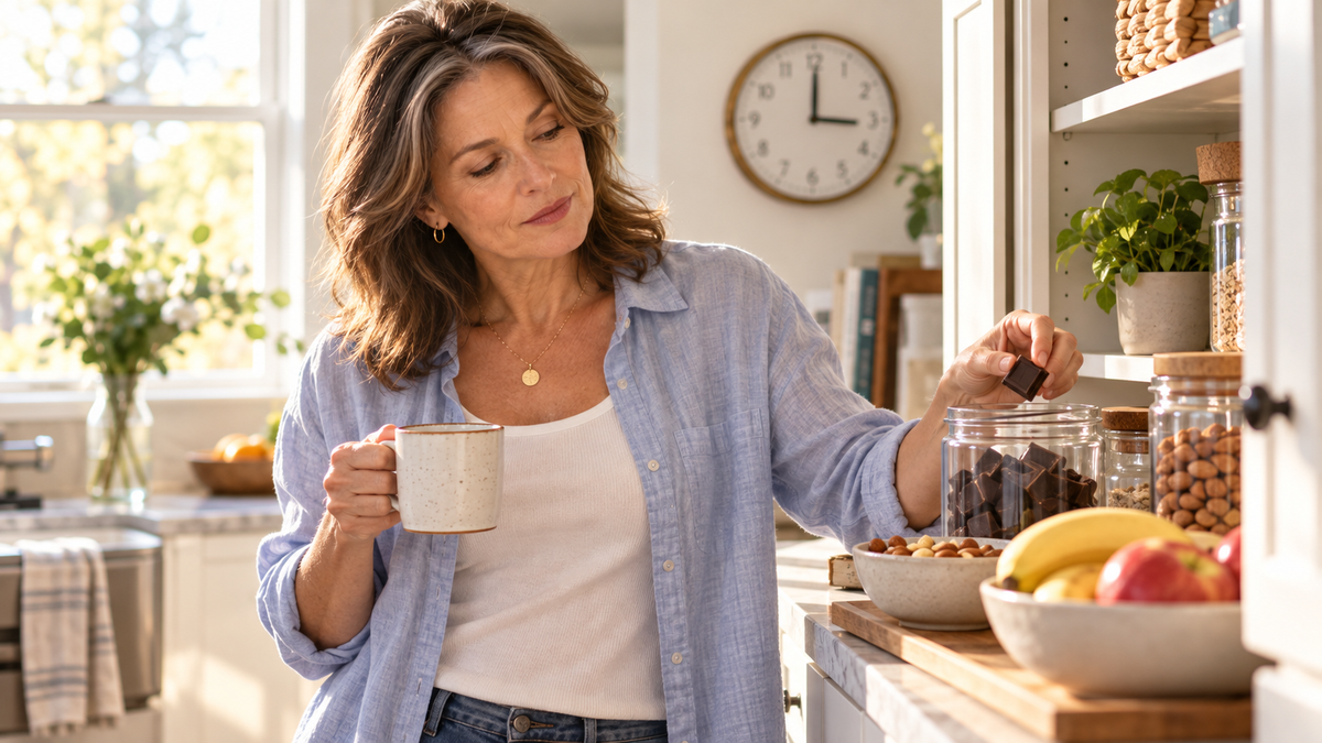 Woman in her kitchen reaching for an afternoon snack