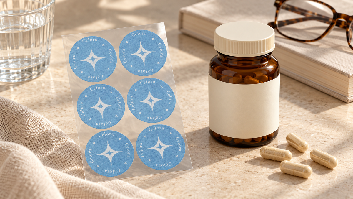 Celora berberine patches beside a capsule bottle on a bright tabletop