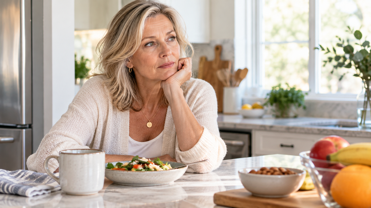 Woman over 50 sitting at a kitchen table with a meal and morning drink