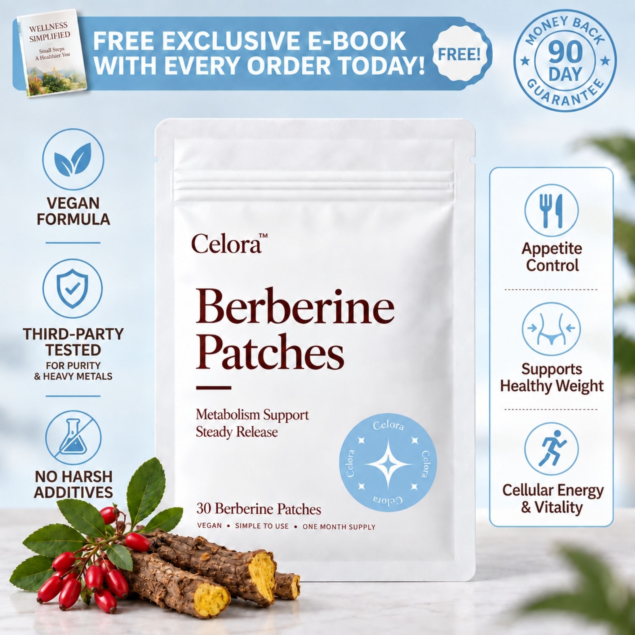 Celora Berberine Patches packaging with blue patch and botanical ingredients