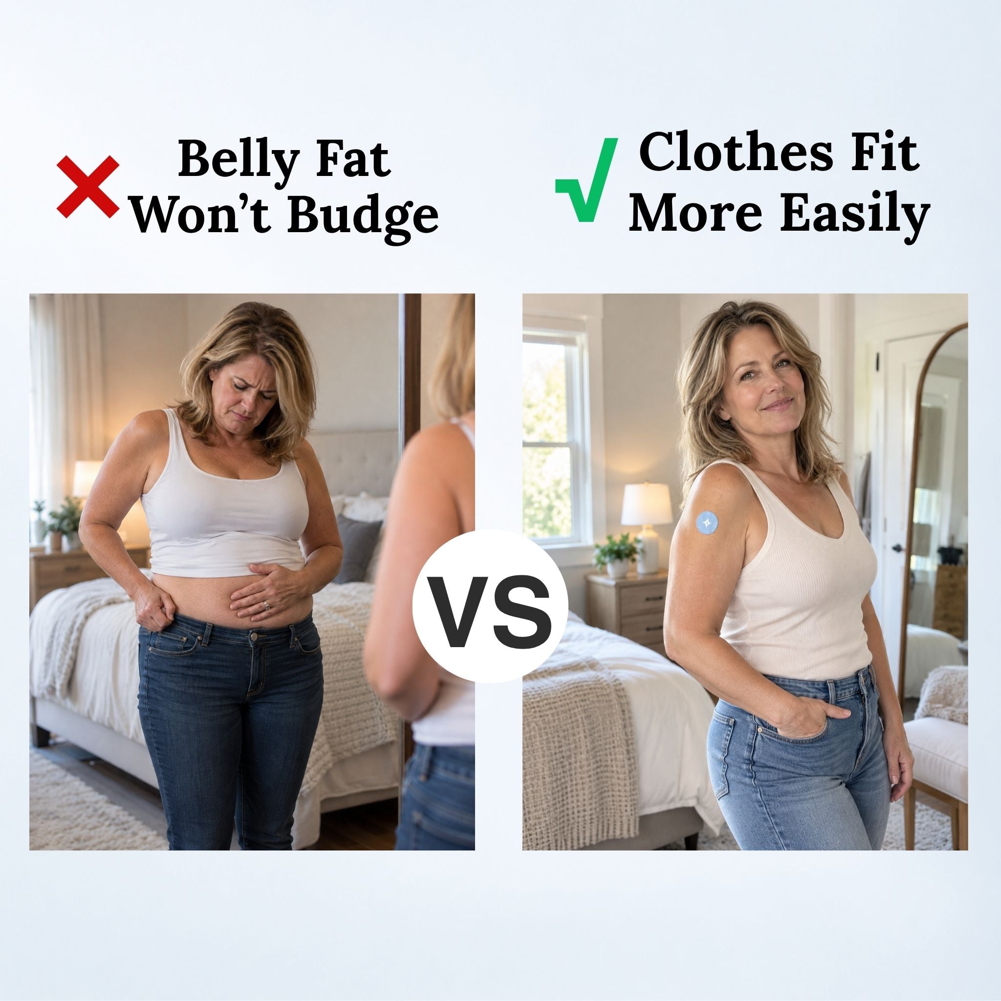Comparison of a woman adjusting her waistband and wearing a Celora Berberine Patch on her upper arm