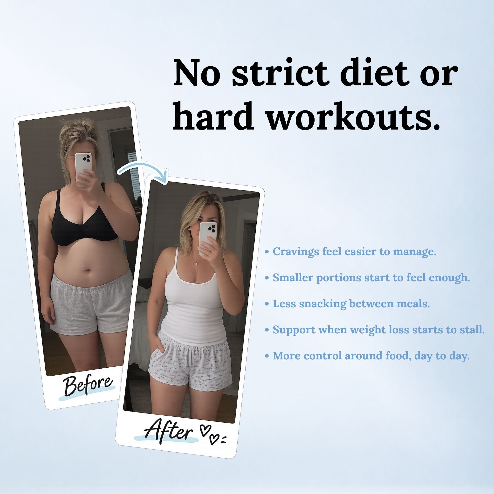 Before-and-after progress graphic with a woman and text about cravings, portion control and weight-management support