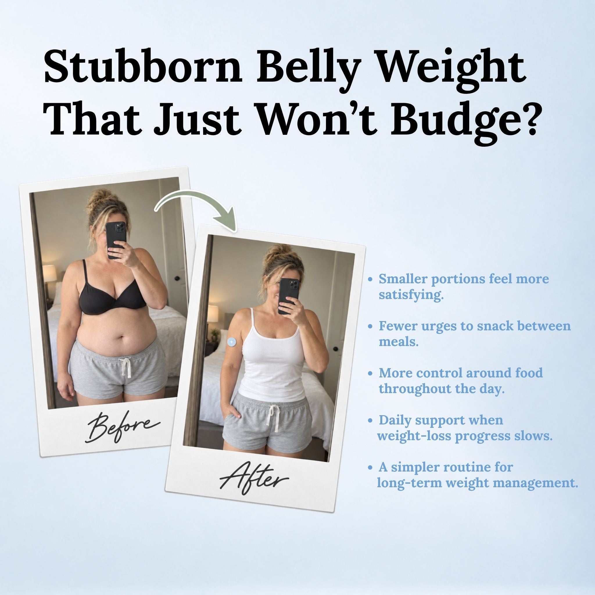 Waistline comparison image of a woman before and after, with a Celora Berberine Patch on her upper arm