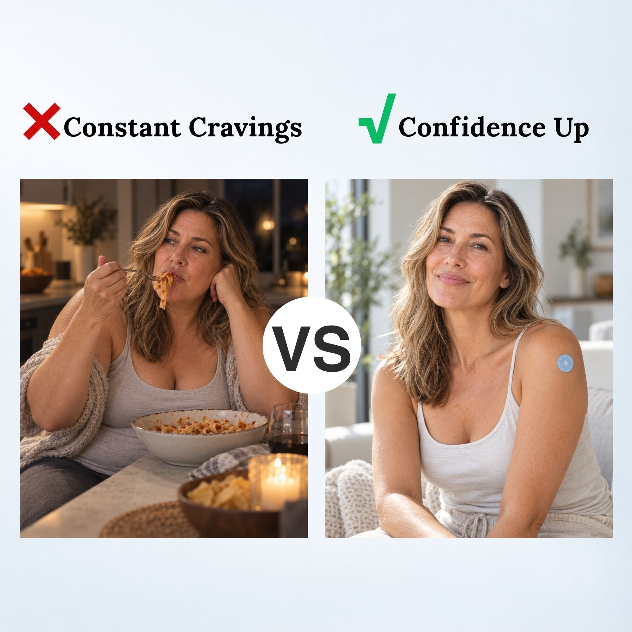 Side-by-side lifestyle graphic showing a woman with food and wearing a Celora Berberine Patch on her upper arm