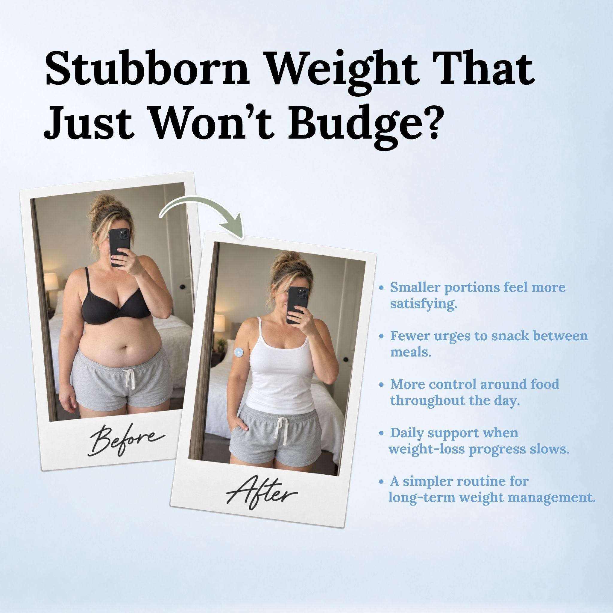 Before-and-after weight-management graphic showing a woman with text about smaller portions, fewer snack urges and daily support