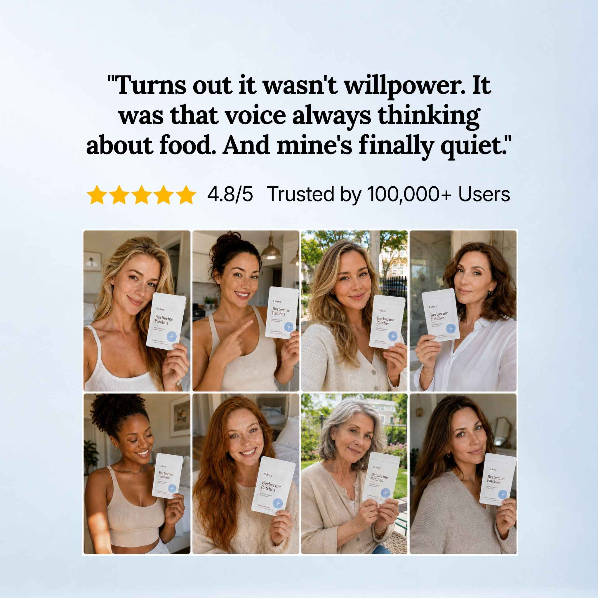 Collage of women holding Celora Berberine Patches beneath a customer testimonial and star rating