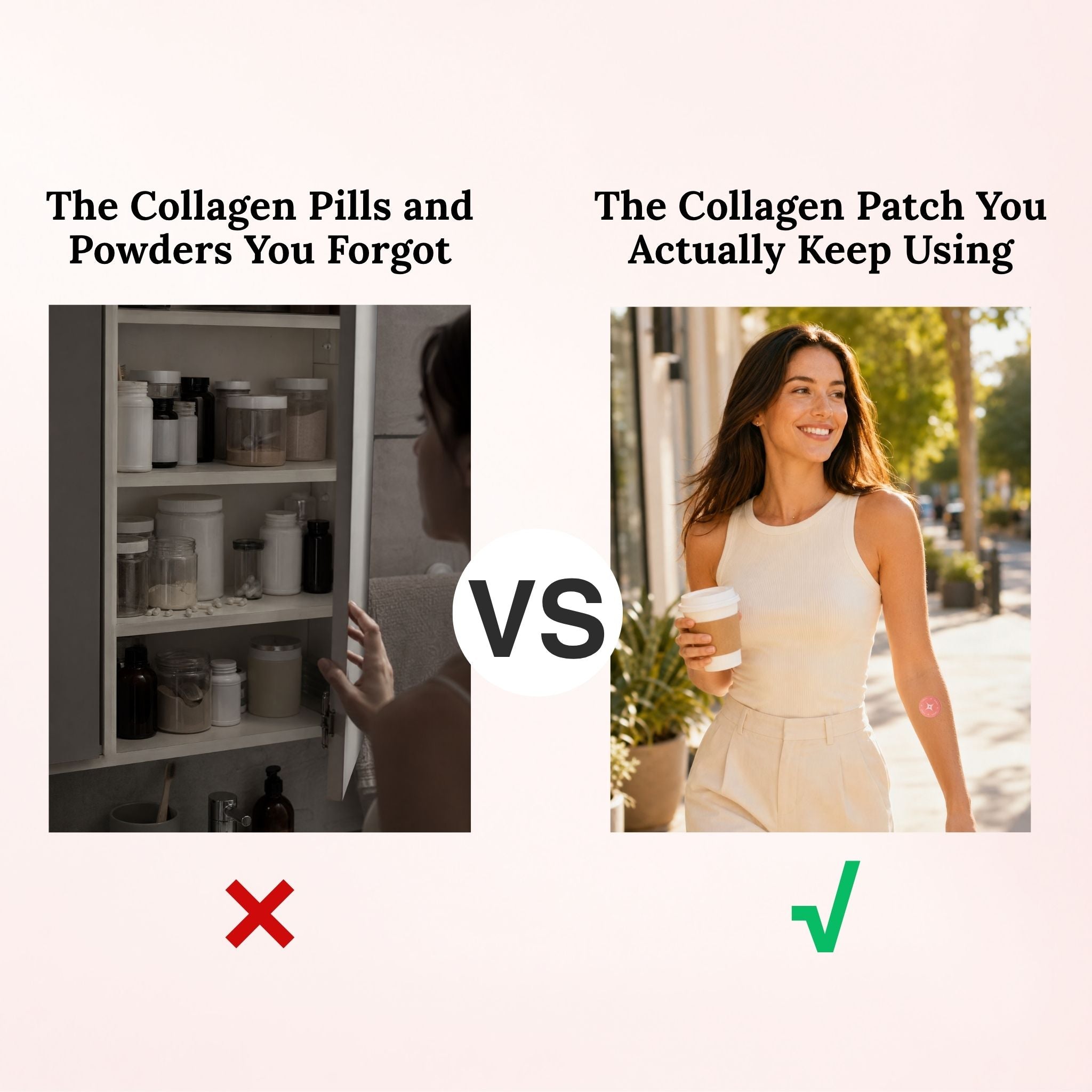Collagen pills and powders compared with a woman wearing a Celora Collagen Patch on her arm