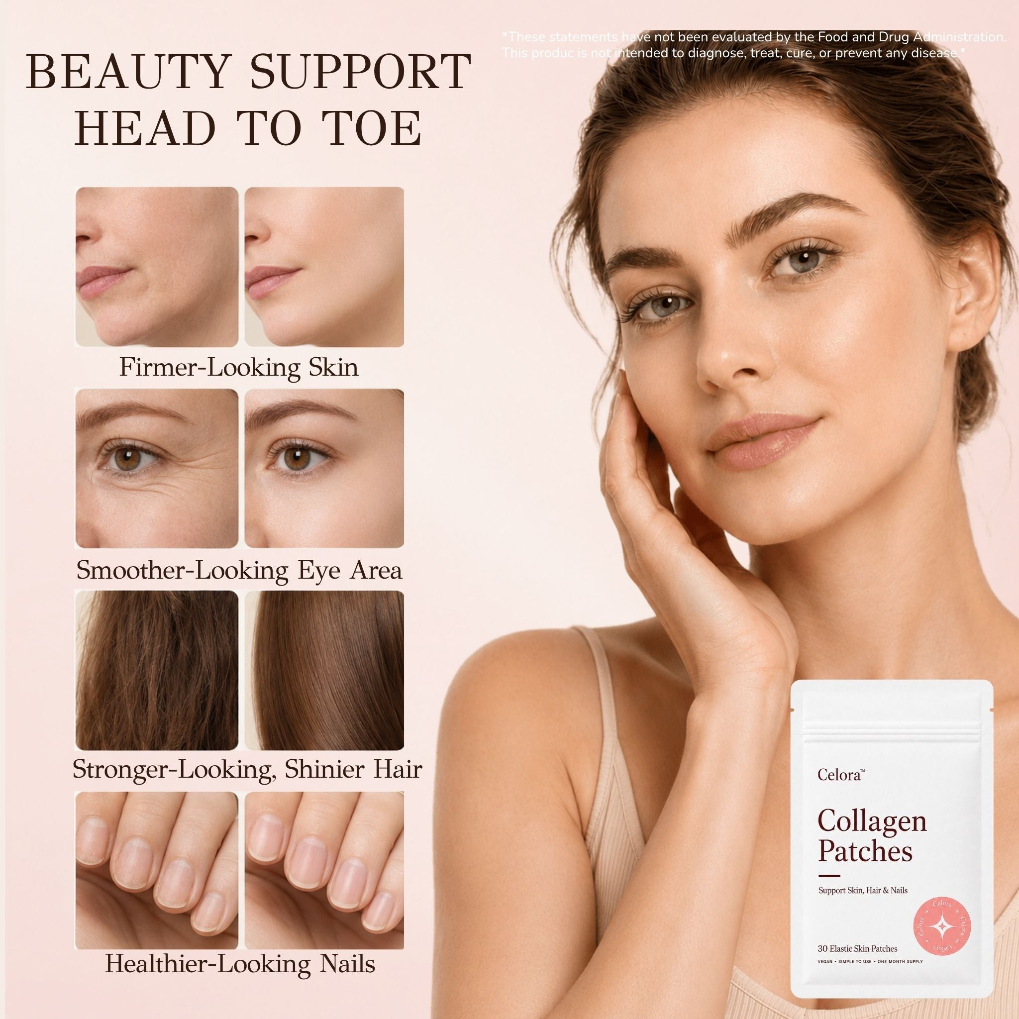 Woman holding Celora Collagen Patches beside skin, hair and nail beauty support images