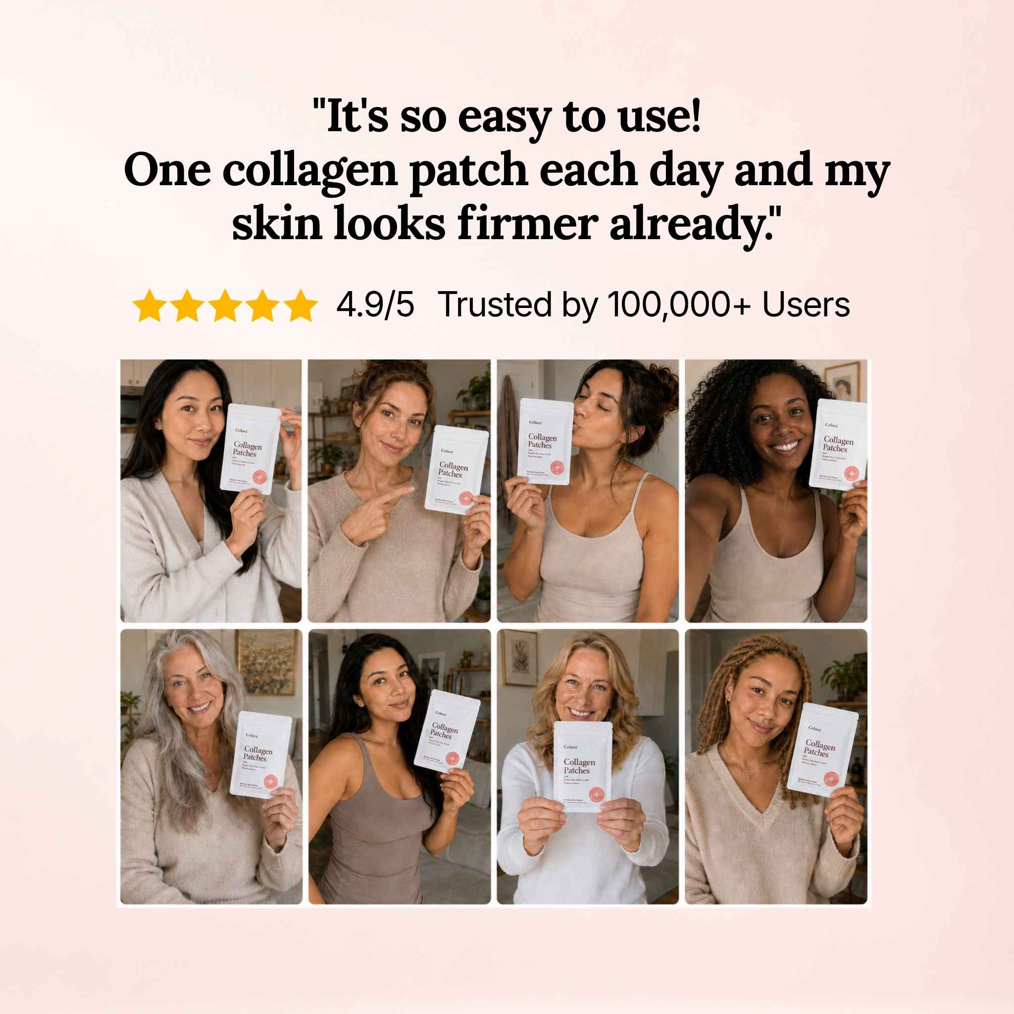 Collage of women holding Celora Collagen Patches beneath a customer testimonial and star rating